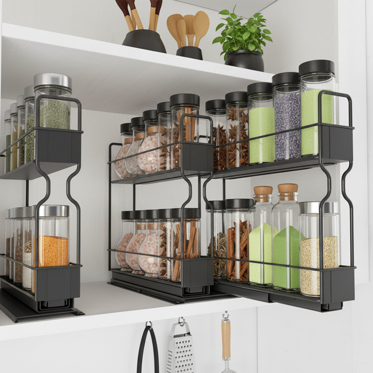 2-Tier Pull Out Spice Rack Organizer for Cabinet, Heavy Duty Slide Out Seasoning Organizer with Labels, 2 Drawers